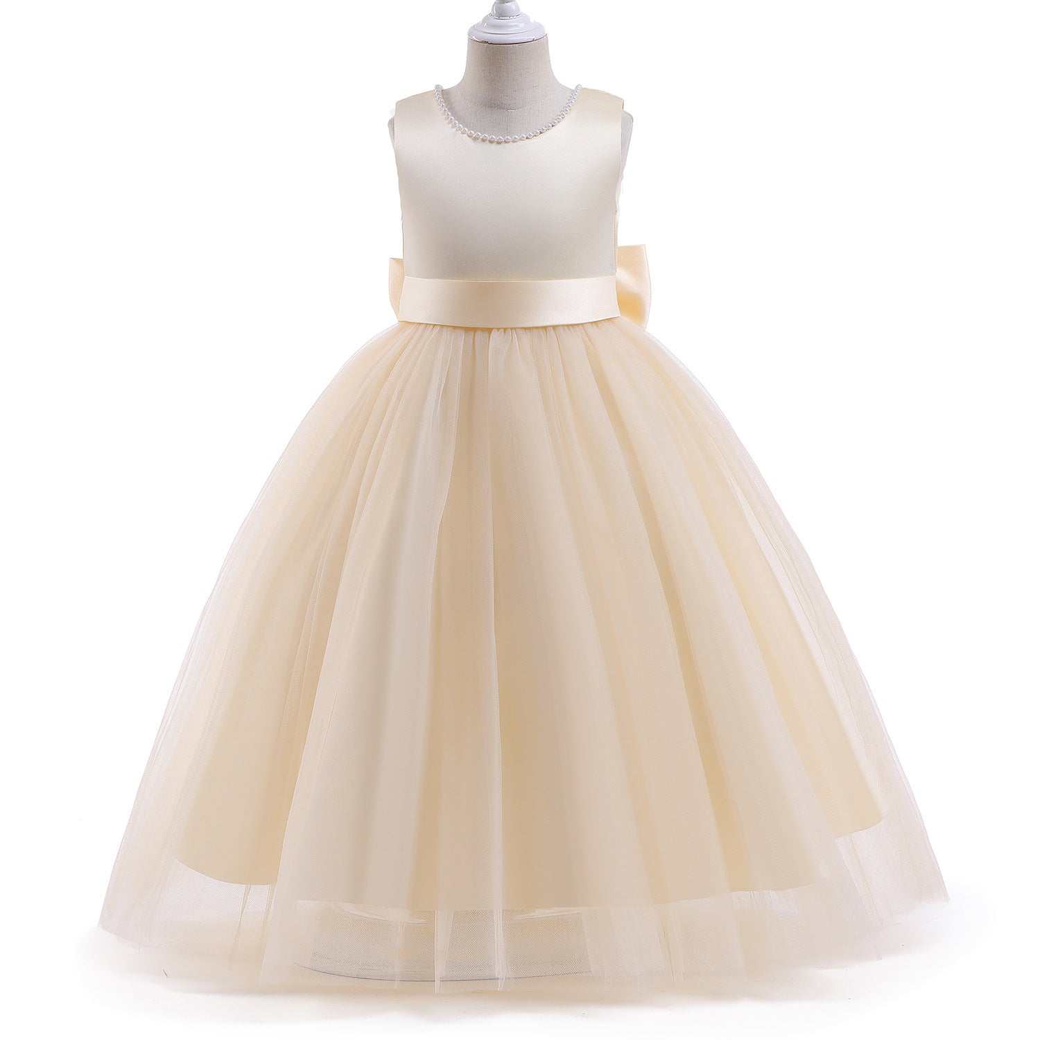 Ivory satin and tulle sleeveless ball gown dress with pearl neckline, FashionRay style