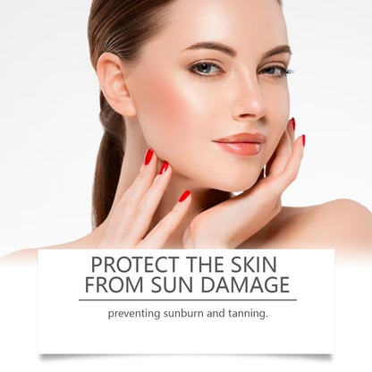 Woman with glowing skin and red nails, highlighting sun damage protection advice from FashionRay.