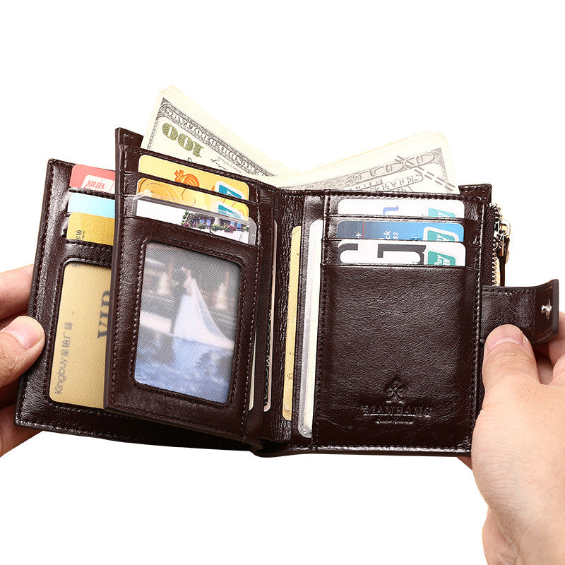 Brown leather wallet with cash, credit cards, and ID on display, FashionRay accessory