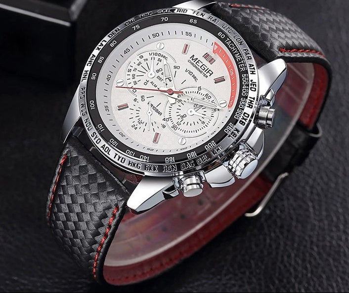 Men’s analog chronograph watch with silver dial and black carbon fiber strap, FashionRay