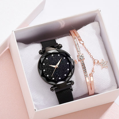 Elegant black starry watch and rose gold bracelet set in FashionRay gift box