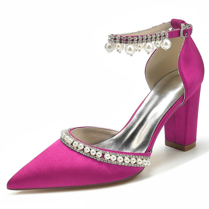 Fuchsia satin block heel shoe with pearl and rhinestone embellishments, FashionRay style