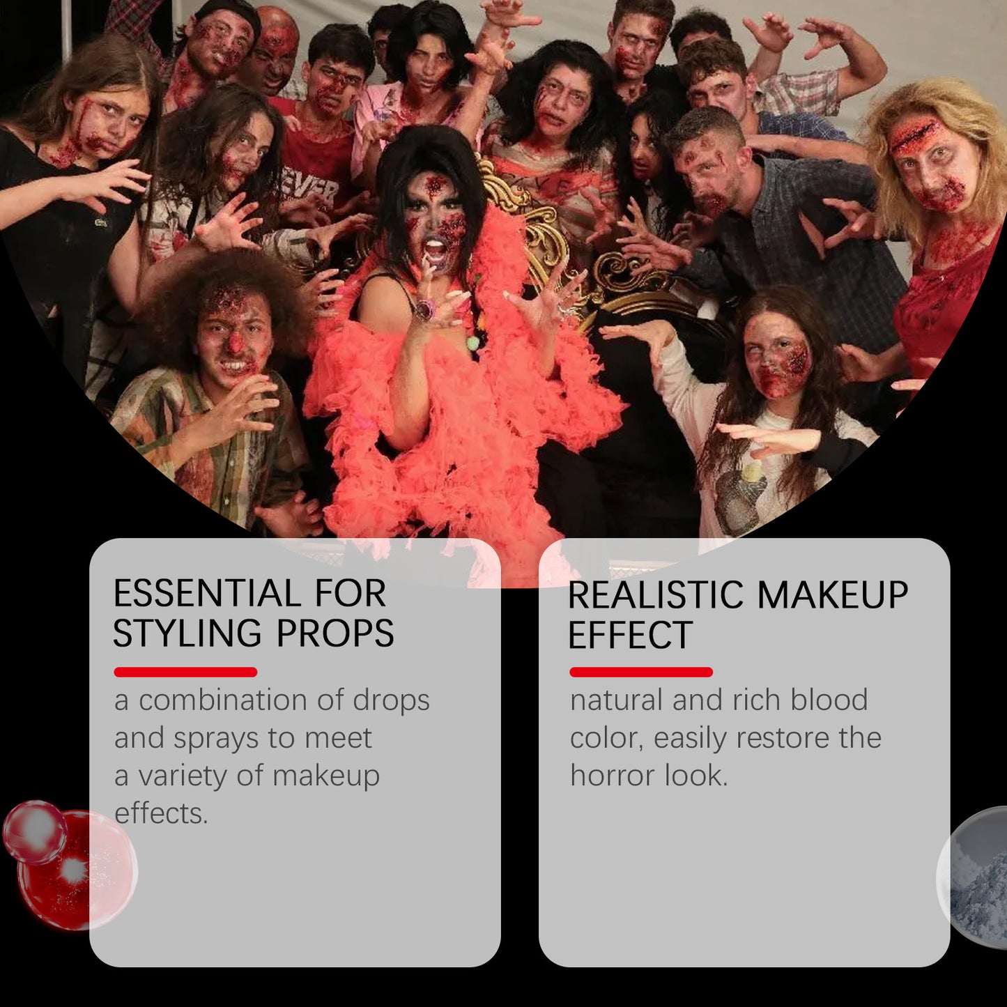 Group dressed in zombie costumes with realistic horror makeup at FashionRay, showcasing special effects.