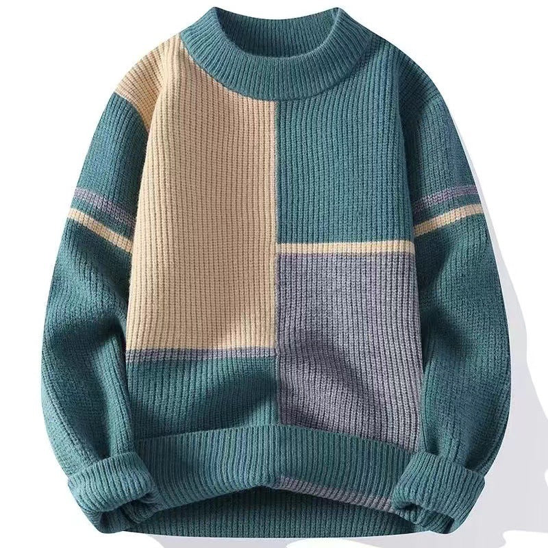 Colorblock knit sweater in teal, beige, and gray with ribbed texture, FashionRay style