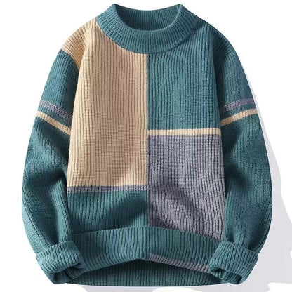 Colorblock knit sweater in teal, beige, and gray with ribbed texture, FashionRay style