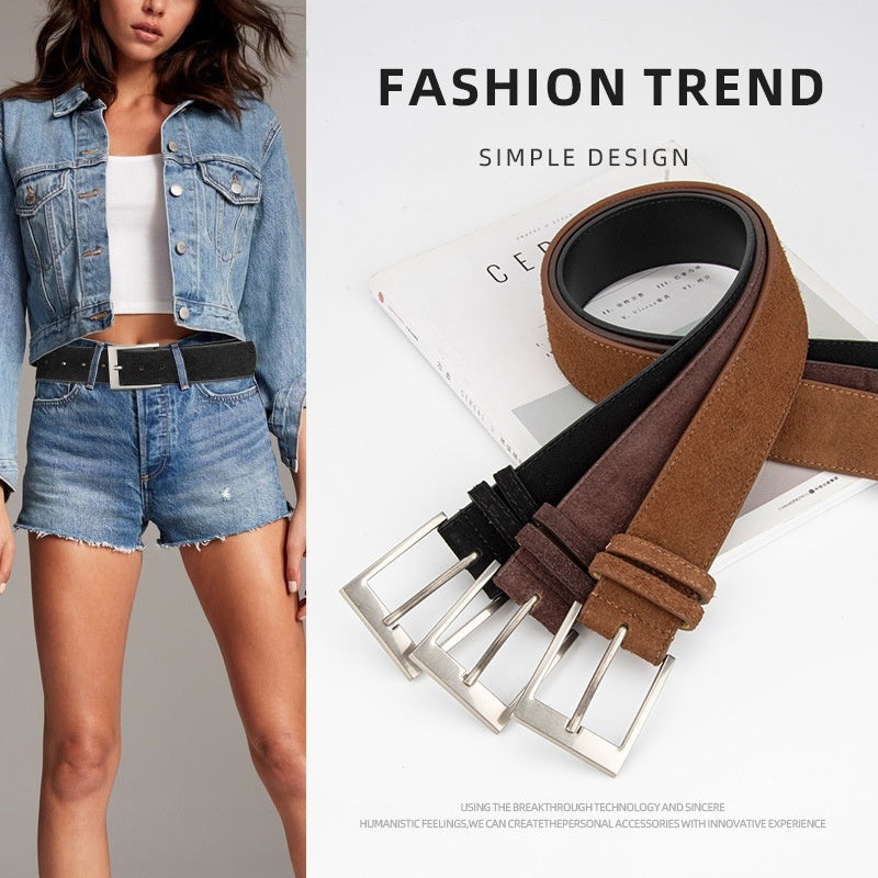Trendy women's denim jacket and shorts paired with wide suede belts in black, brown, and tan, FashionRay style