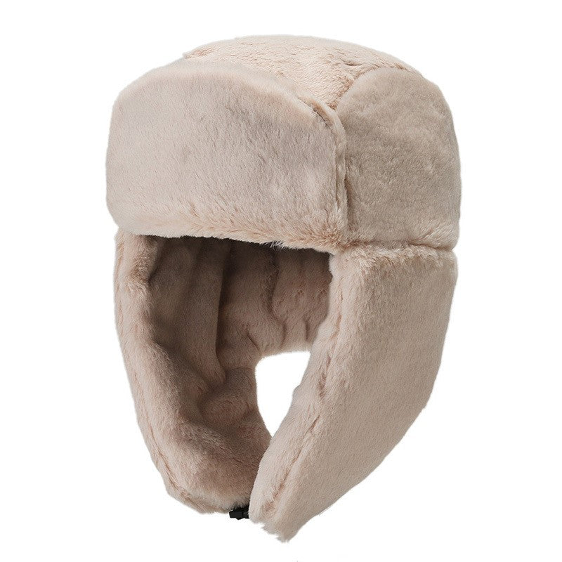 Beige faux fur trapper hat for winter, cozy and stylish from FashionRay.