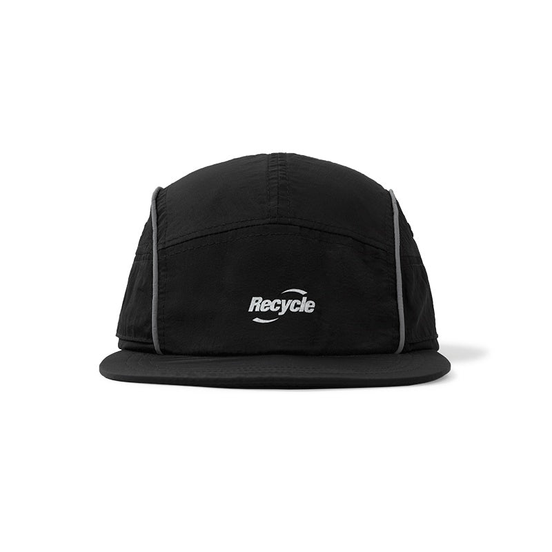 Black recycled fabric cap with white 'Recycle' logo, FashionRay eco-friendly accessory