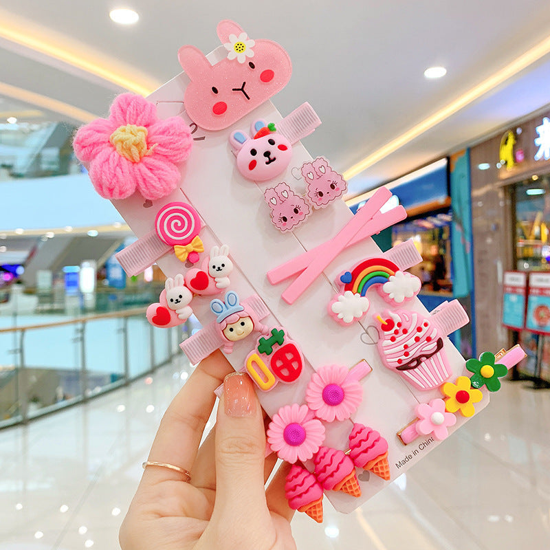 Cute pink hair accessories set with bunny, flower, rainbow, and dessert designs at FashionRay mall.