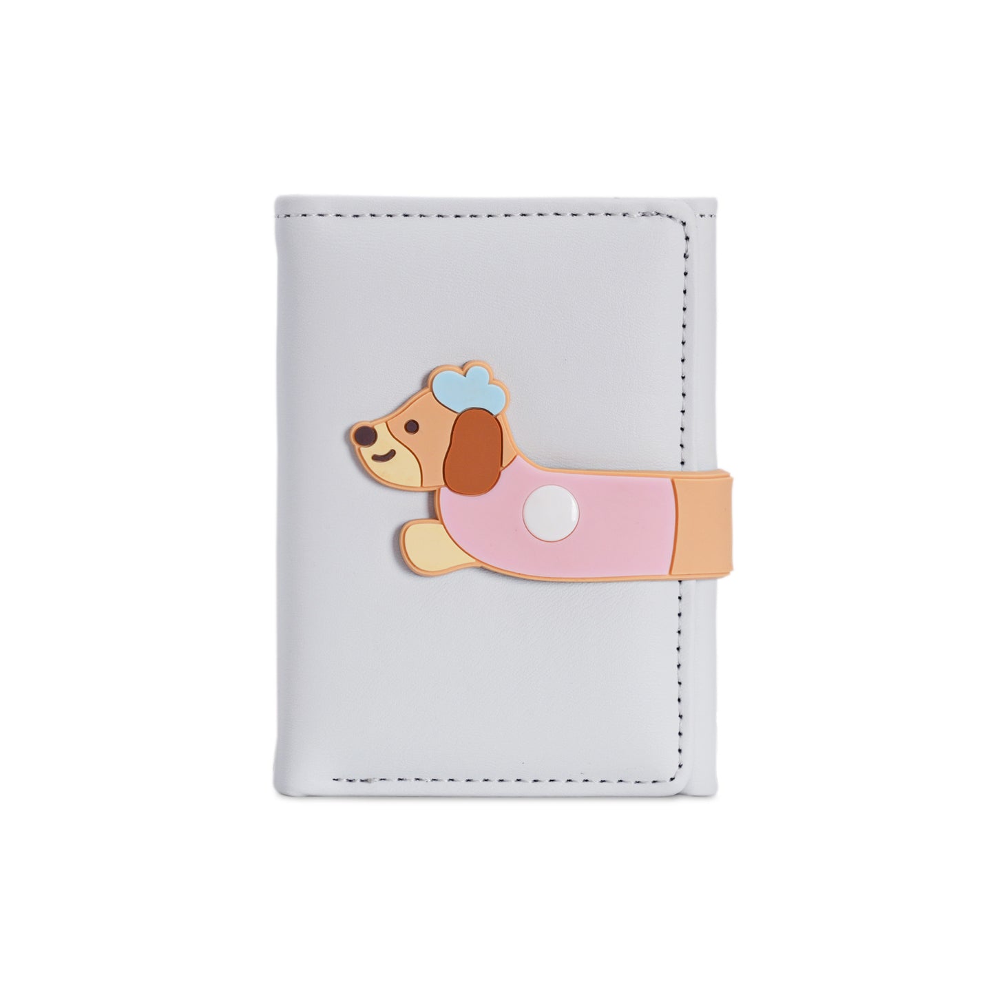 White wallet with cute cartoon dog design on clasp, FashionRay trendy accessory