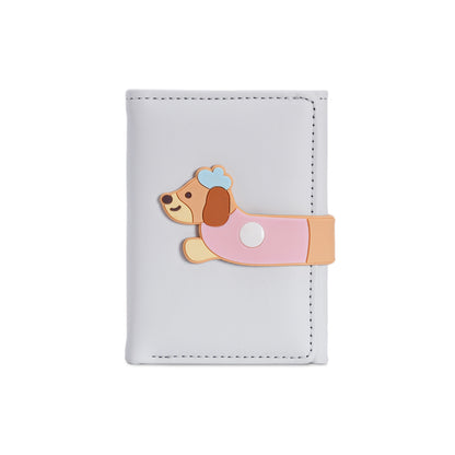 White wallet with cute cartoon dog design on clasp, FashionRay trendy accessory