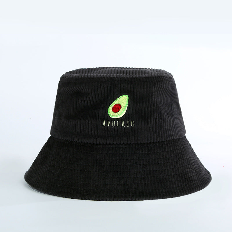 Black corduroy bucket hat with avocado embroidery, trendy accessory from FashionRay
