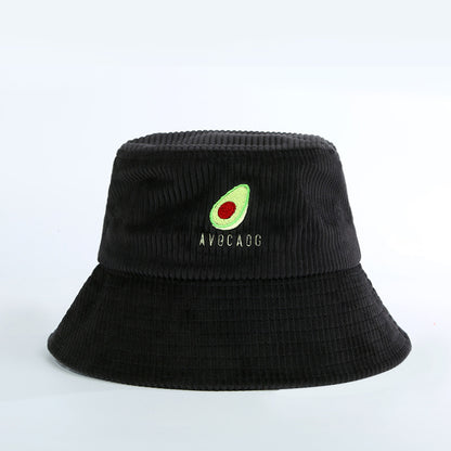 Black corduroy bucket hat with avocado embroidery, trendy accessory from FashionRay