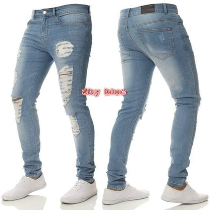 Sky blue distressed skinny jeans with ripped details, front and back view, FashionRay.