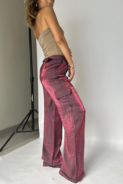 FashionRay model in taupe strapless top and shiny magenta wide-leg cargo pants
