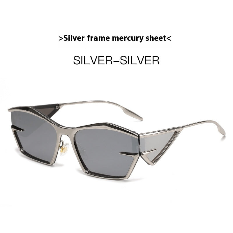 Trendy silver geometric sunglasses with dark lenses, modern eyewear from FashionRay.