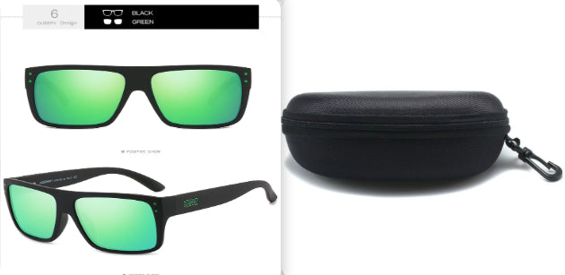 Black frame green lens sunglasses with case, trendy eyewear at FashionRay