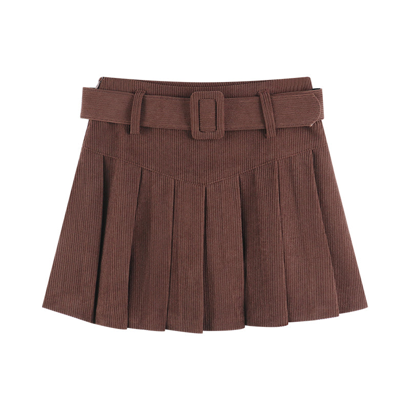 Brown corduroy pleated mini skirt with belt, trendy women's fashion from FashionRay