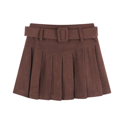 Brown corduroy pleated mini skirt with belt, trendy women's fashion from FashionRay