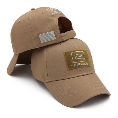 FashionRay tan baseball caps with embroidered patches, including 'Perfection' text and American flag.