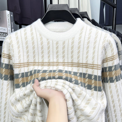 Soft knit sweater with beige, gray, and white stripes on hanger, FashionRay cozy style