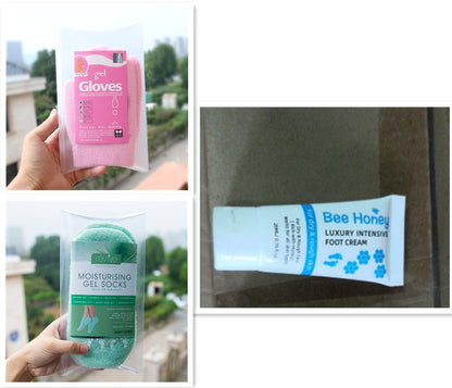 Moisturizing gel gloves, gel socks, and Bee Honey luxury intensive foot cream from FashionRay