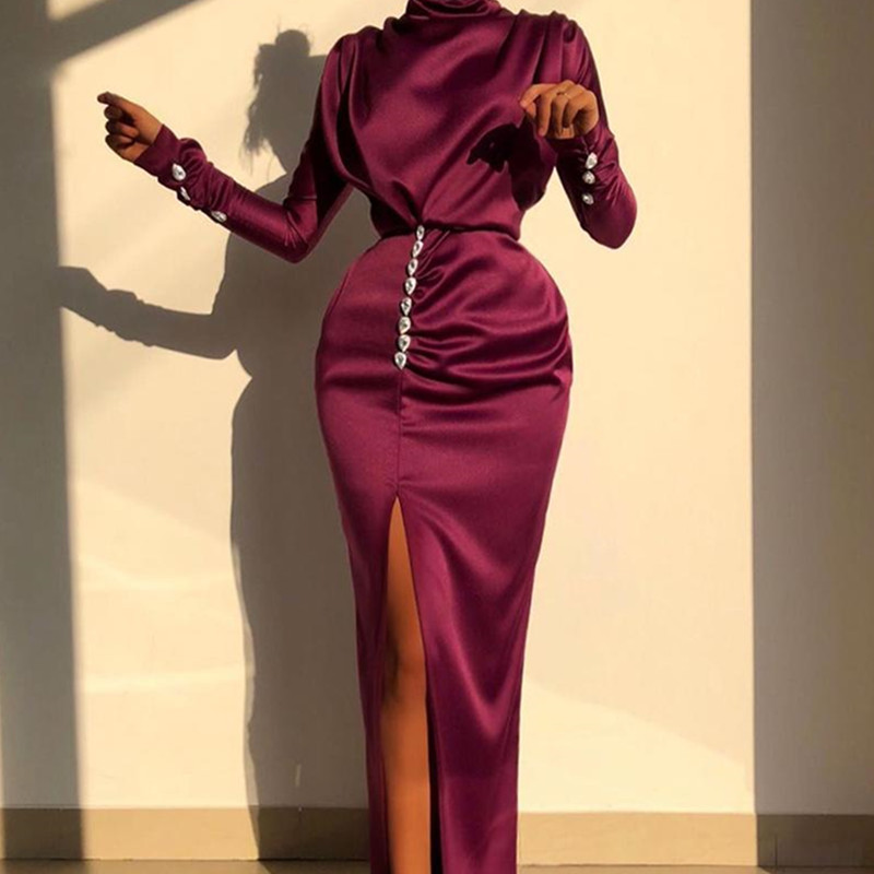 Elegant woman in a purple satin long-sleeve dress with front buttons and side slit, FashionRay style