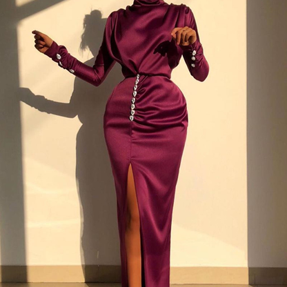 Elegant woman in a purple satin long-sleeve dress with front buttons and side slit, FashionRay style
