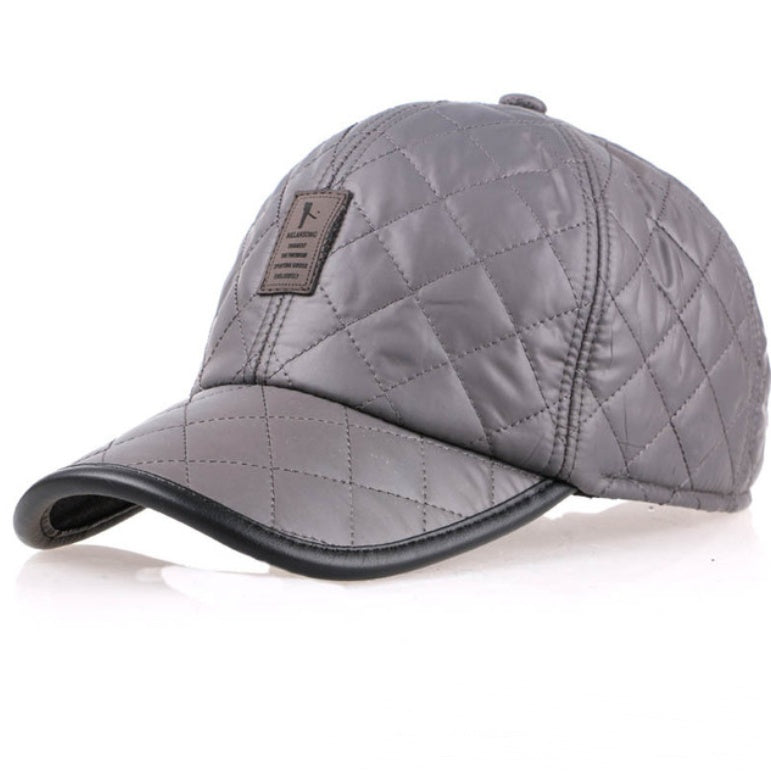 Quilted gray baseball cap with leather trim, trendy accessory from FashionRay