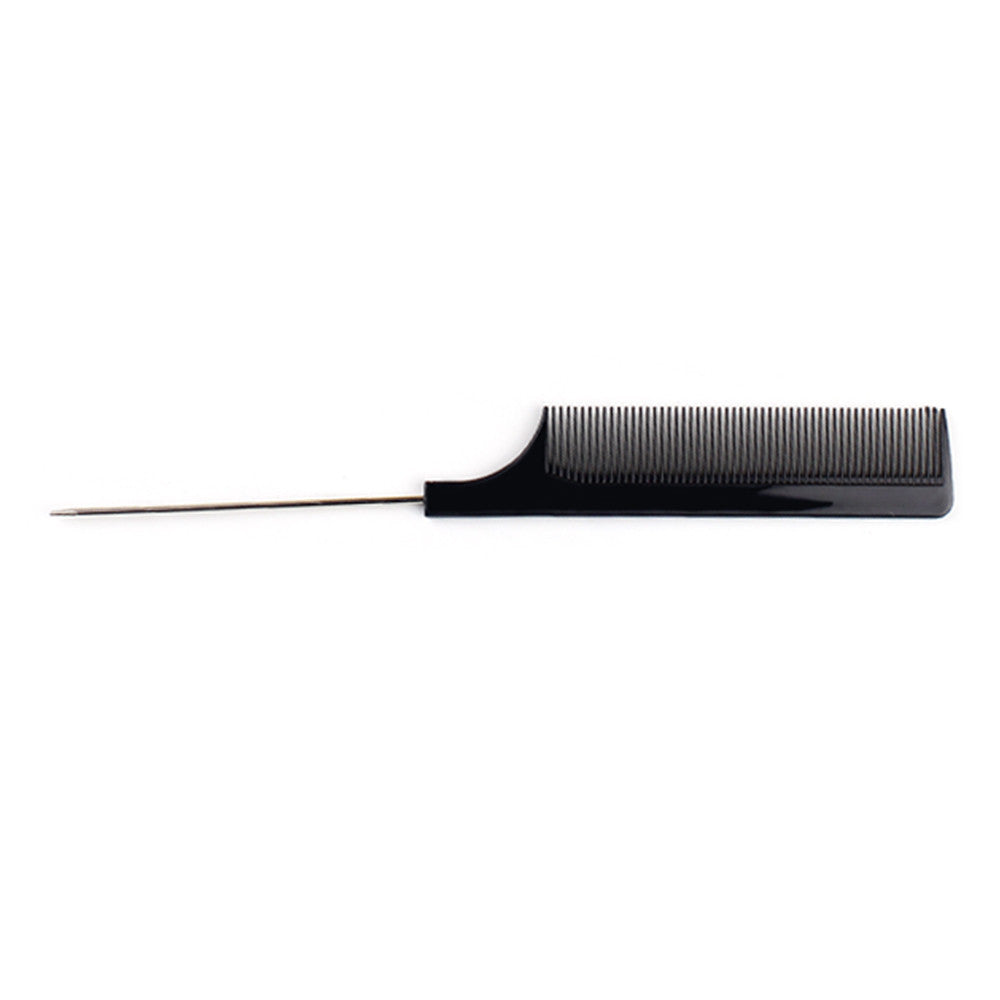 Black rat tail comb with fine teeth and pointed metal handle on white background