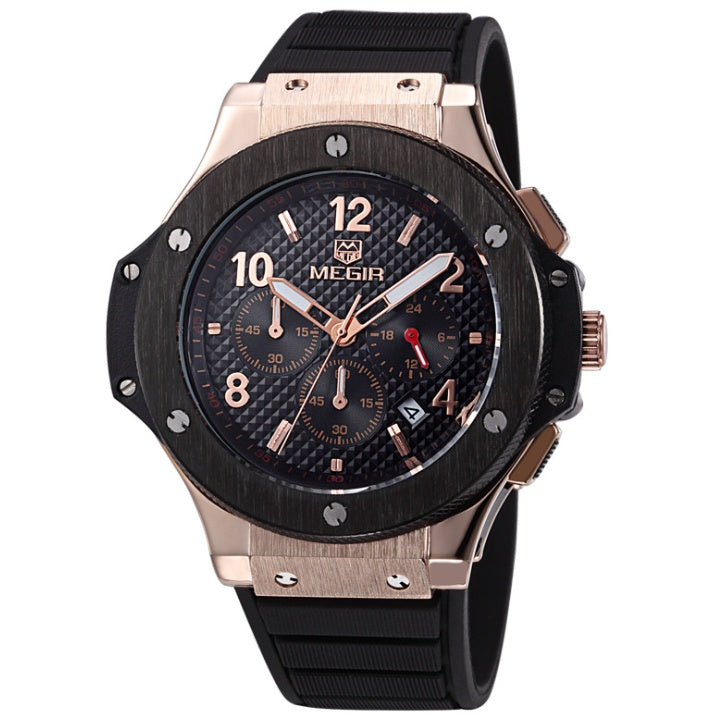 Men's MEGIR black and gold chronograph watch with textured dial and silicone strap
