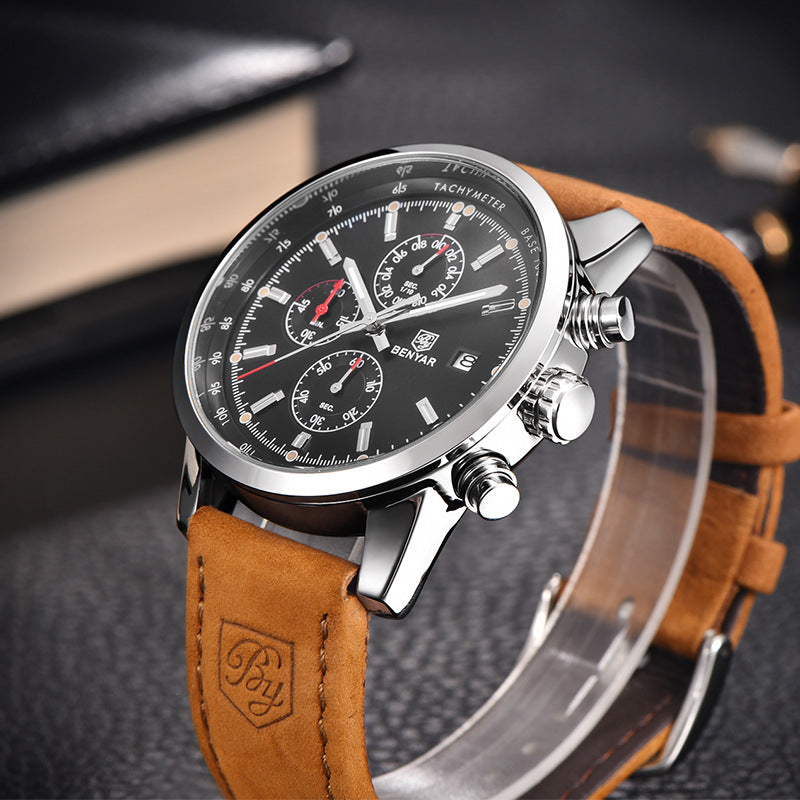 Elegant men's chronograph wristwatch with black dial, brown leather strap, FashionRay style