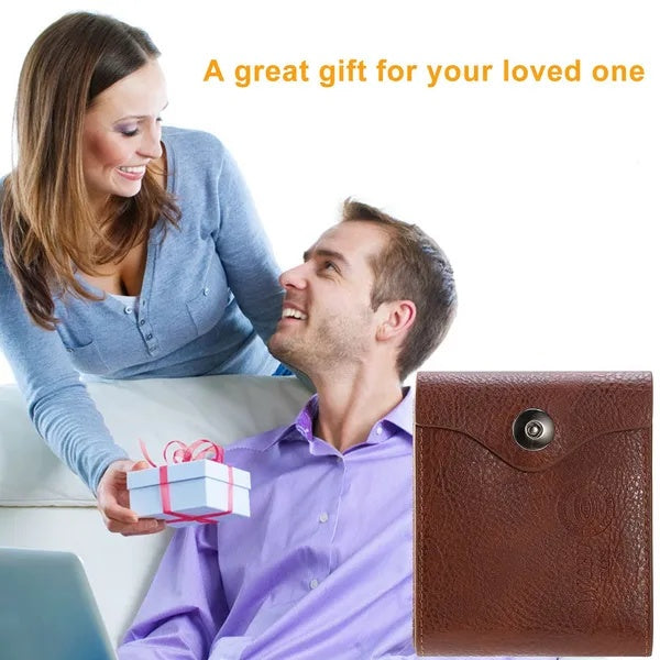 Smiling woman gives a gift box to man, brown leather wallet featured, FashionRay gift idea