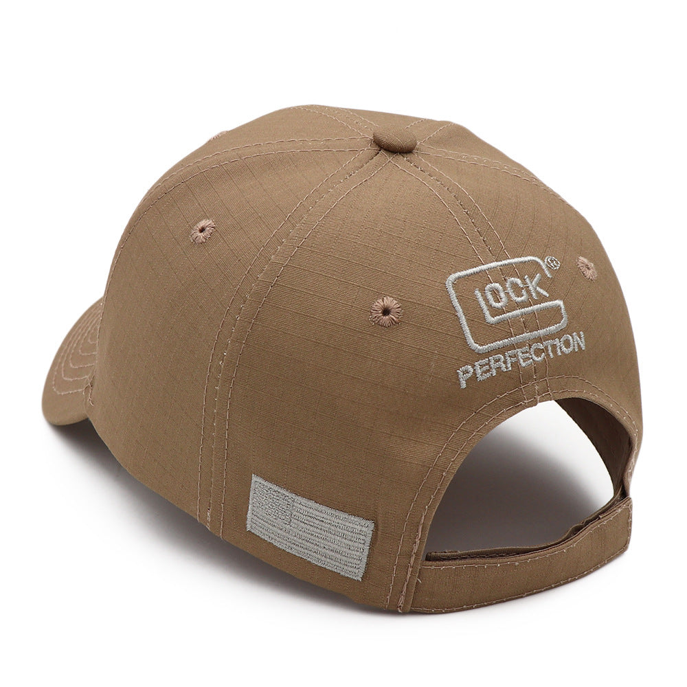 Tan baseball cap with embroidered logo and adjustable strap, FashionRay trendy casual accessory