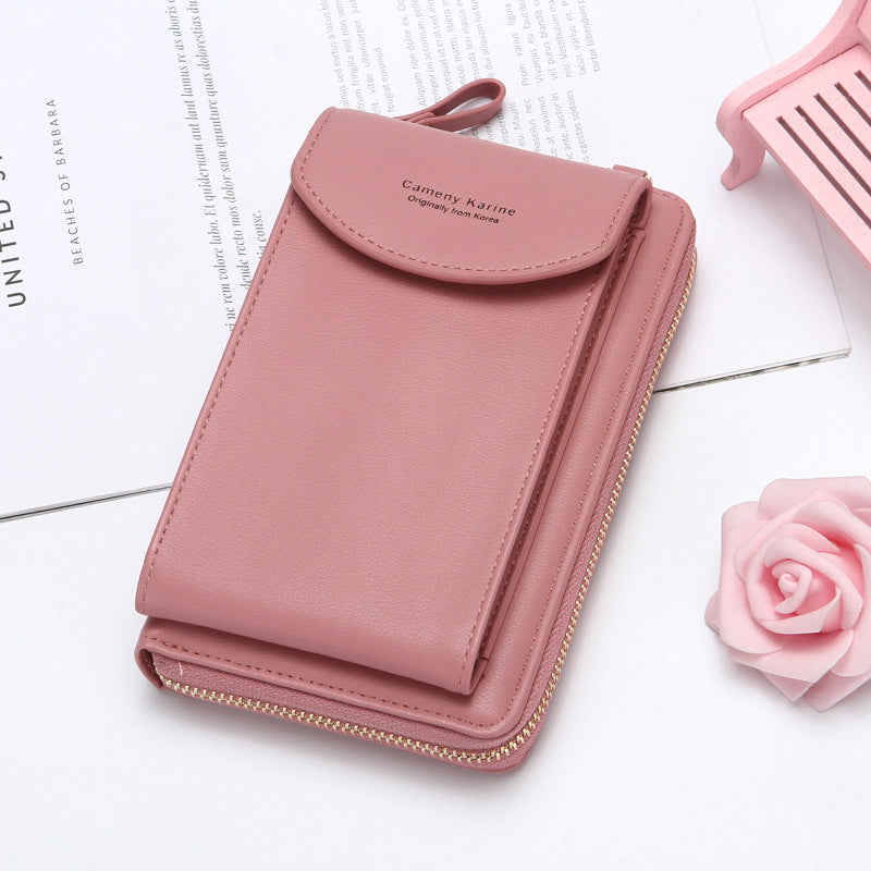 Pink faux leather wallet and phone pouch with gold zipper, FashionRay stylish accessory