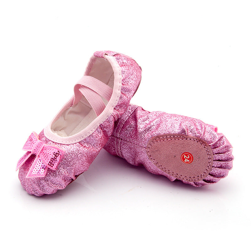 Sparkly pink ballet flats with bows and elastic straps, FashionRay trendy kids shoes