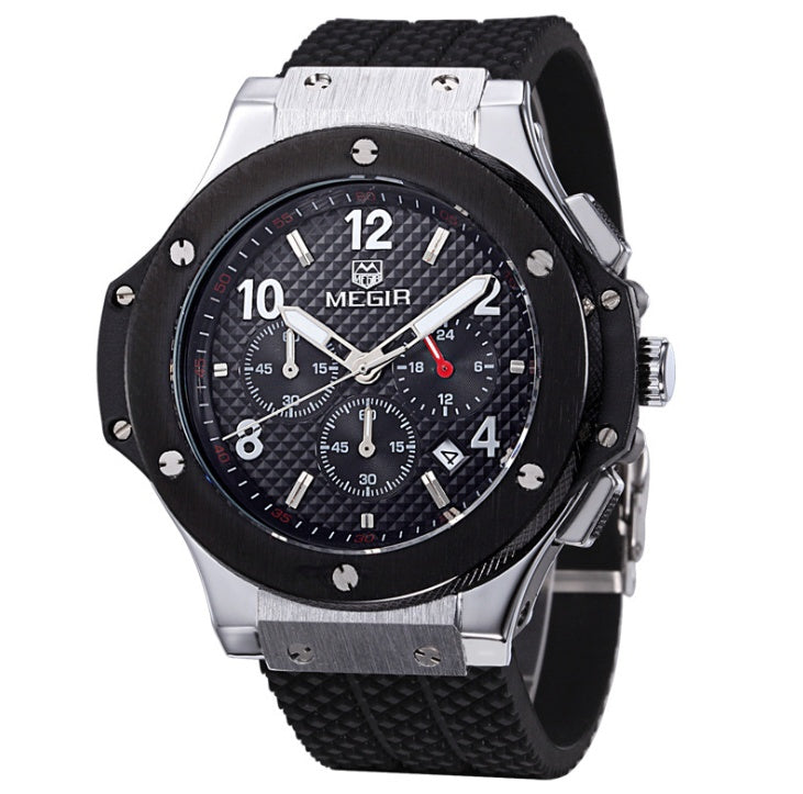 MEGIR men's chronograph watch with black textured dial, silver accents, and black silicone strap