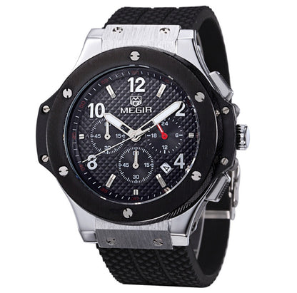 MEGIR men's chronograph watch with black textured dial, silver accents, and black silicone strap