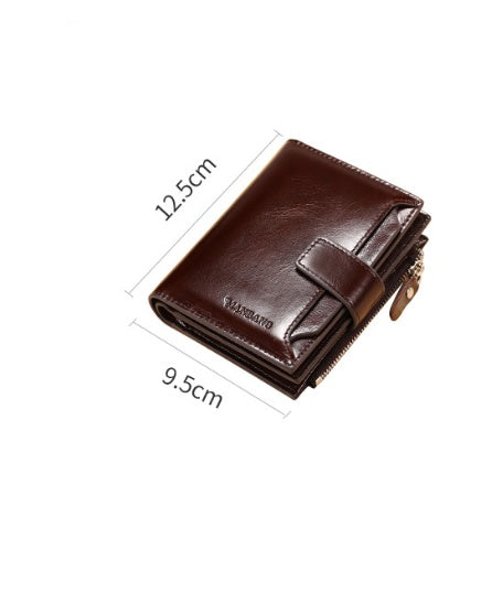 Brown leather wallet with snap closure, zipper pocket, and size dimensions, FashionRay accessory