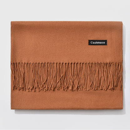 Brown cashmere scarf with fringe, folded neatly, FashionRay cozy accessory