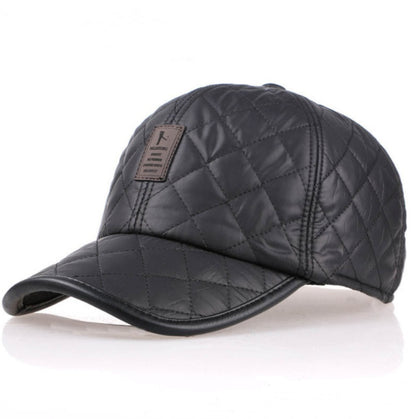 Quilted black leather baseball cap with patch, trendy accessory at FashionRay