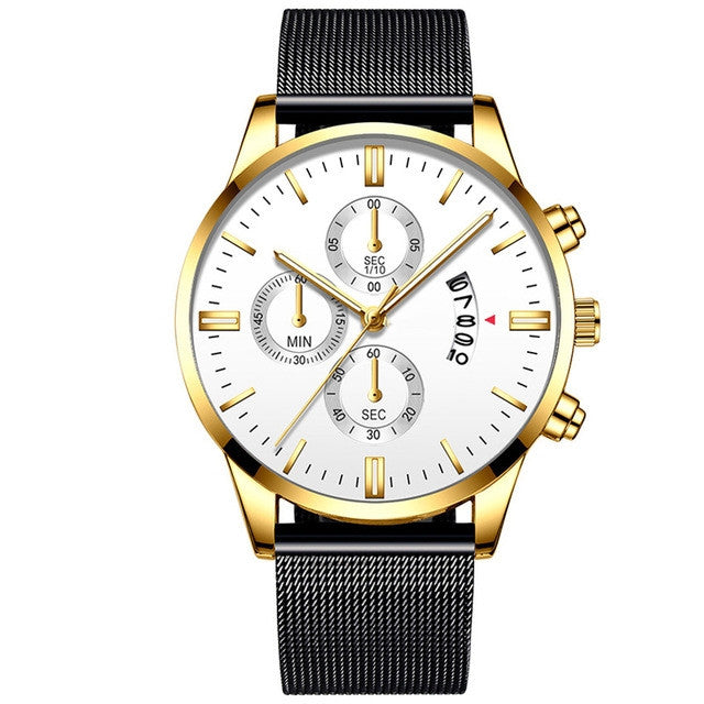 Gold-tone chronograph wristwatch with white dial and black mesh band, FashionRay style