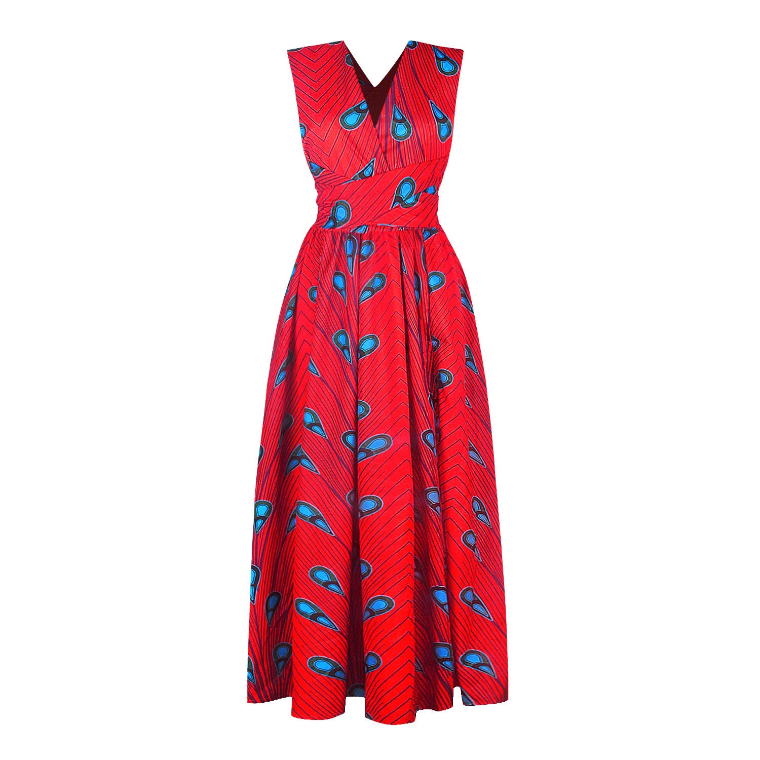 Bold red sleeveless maxi dress with blue abstract print, FashionRay trendy women's fashion.