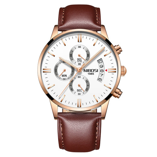 Men's luxury wristwatch with brown leather strap and white dial, FashionRay accessory