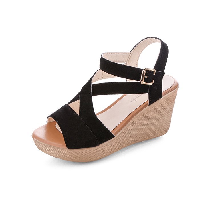Black suede wedge sandal with ankle strap and buckle, women's trendy summer shoe from FashionRay