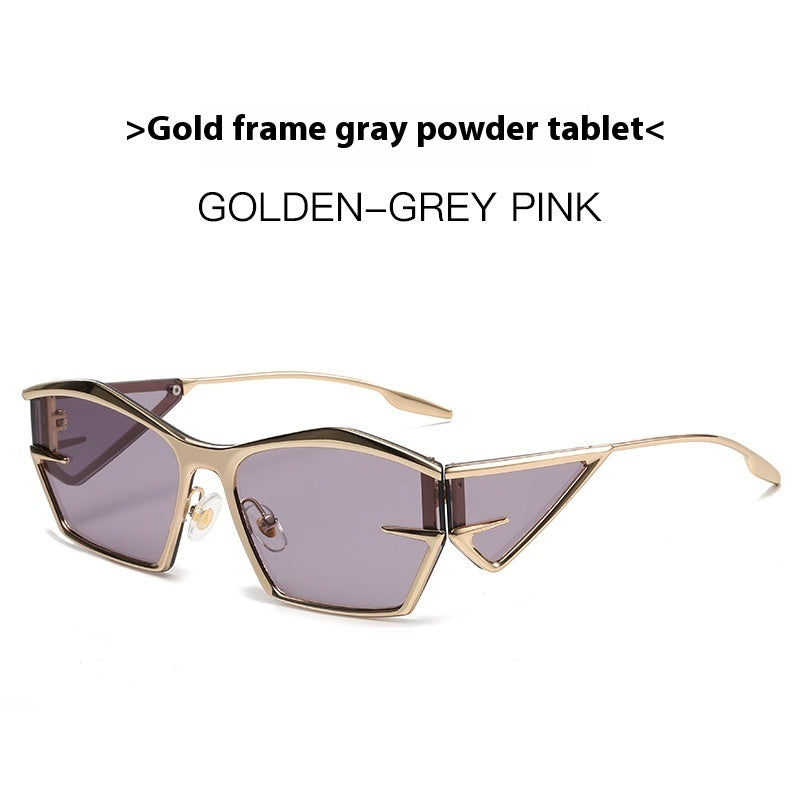 Trendy geometric sunglasses with gold frame and grey-pink lenses, FashionRay eyewear style.