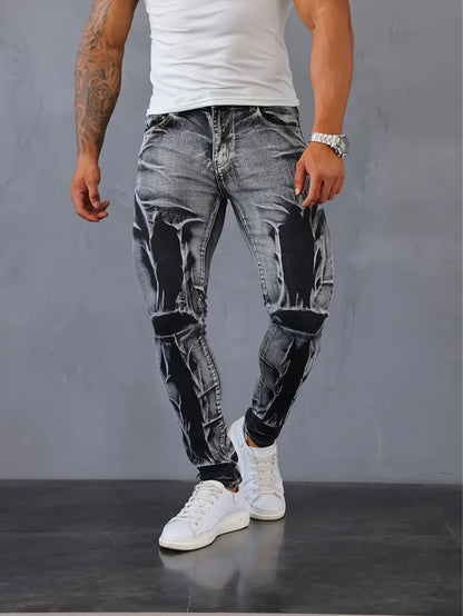 Man in white t-shirt, trendy black and gray distressed jeans, and white sneakers, FashionRay