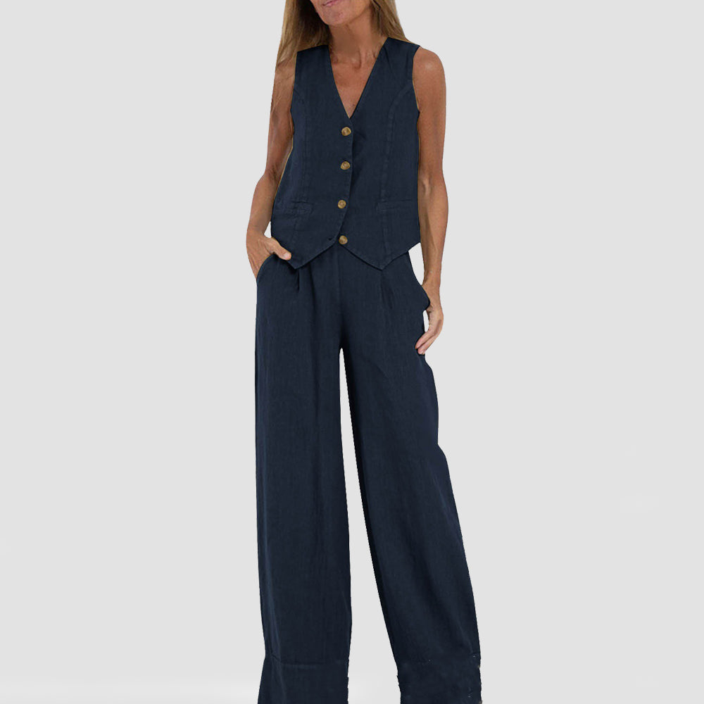 Woman wearing navy sleeveless vest and wide-leg pants, FashionRay trendy comfort style