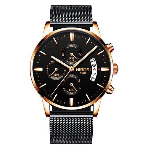 FashionRay stylish men's black mesh band watch with gold-tone case and multi-dial face