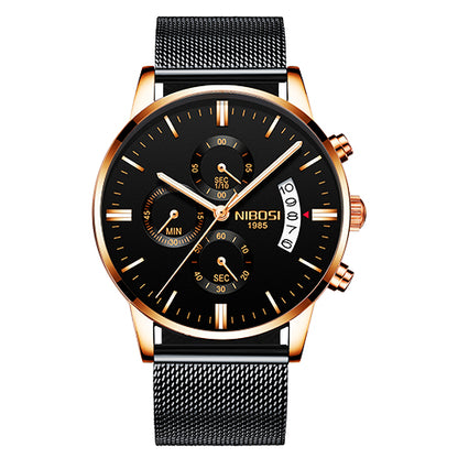 FashionRay stylish men's black mesh band watch with gold-tone case and multi-dial face